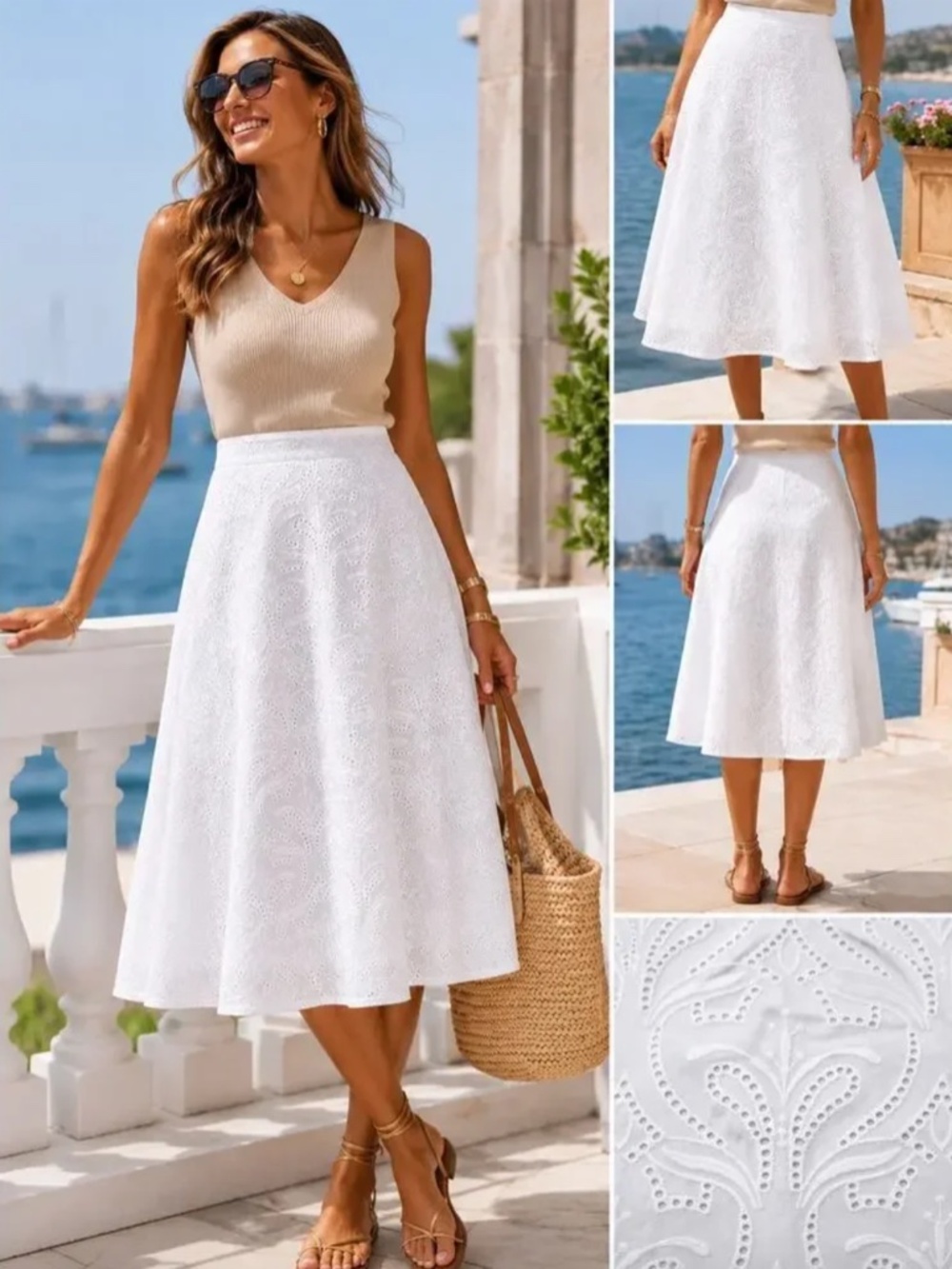 J. McLaughlin Naia White Eyelet A-Line Midi Skirt, Size 6, Cotton Coastal Beach